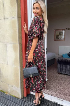 Multi Print Batwing Top Wrap Skirt Midi Dress