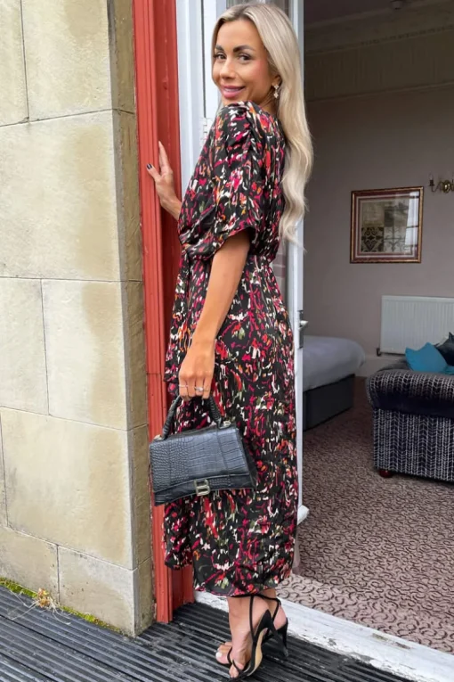 Multi Print Batwing Top Wrap Skirt Midi Dress