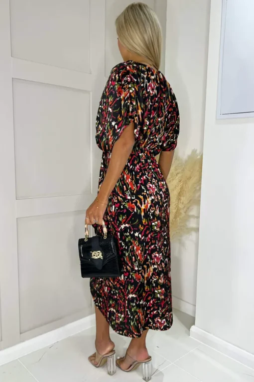 Multi Print Batwing Top Wrap Skirt Midi Dress