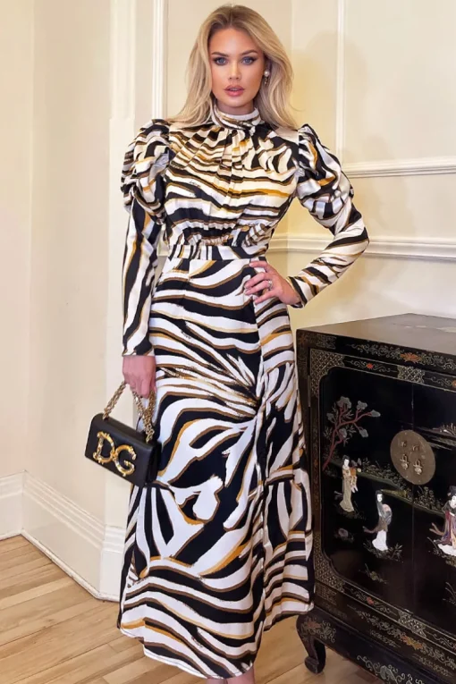 Multi Print High Neck Long Puff Sleeve Midi Dress