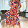 Multi Printed Butterfly Sleeve Wrap Midi Dress