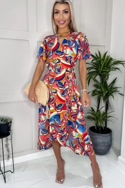 Multi Printed Butterfly Sleeve Wrap Midi Dress