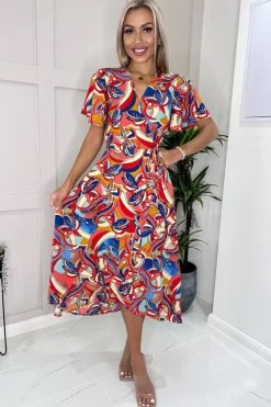 Multi Printed Butterfly Sleeve Wrap Midi Dress