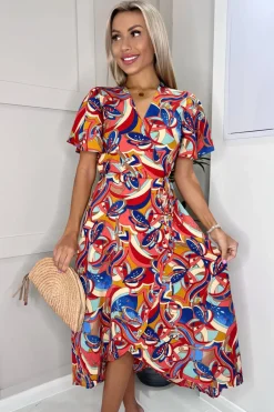 Multi Printed Butterfly Sleeve Wrap Midi Dress
