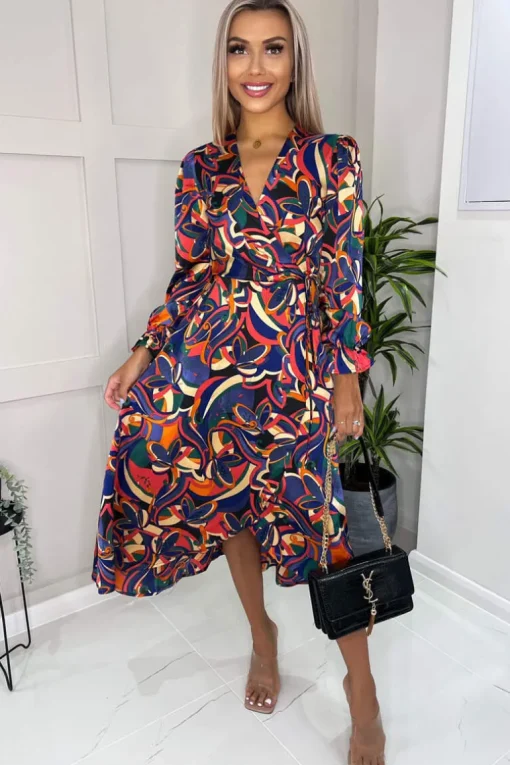 Multi Printed Long Sleeve Wrap Over Midi Dress