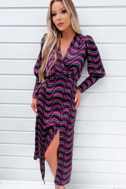 Multi Printed Long Sleeve Wrap Top Midi Dress