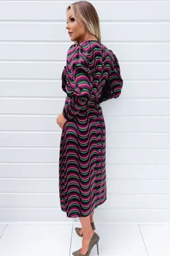 Multi Printed Long Sleeve Wrap Top Midi Dress