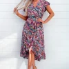 Multi Printed Wrap Over Frill Hem Short Sleeve Midi Dress