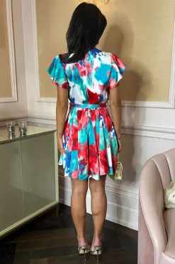 Multi Tie Dye Printed Wrap Top Tie Waist Skater Mini Dress