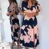 Navy And Blush Floral Print Bell Sleeve Midi Dress