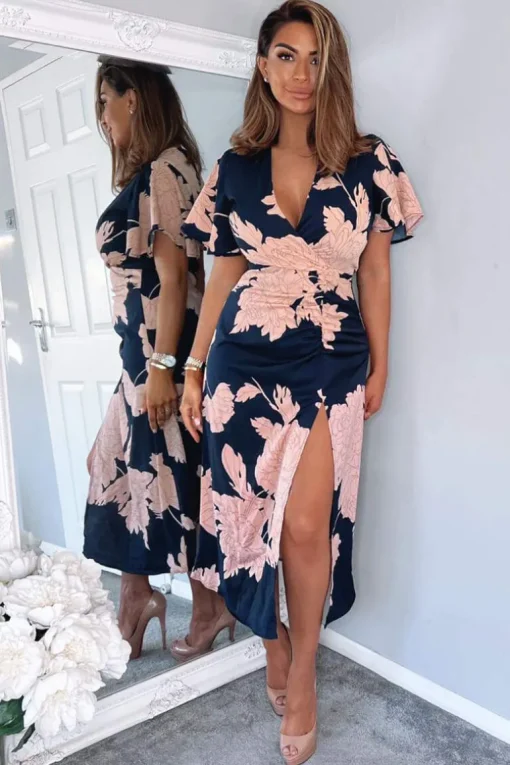 Navy And Blush Floral Print Bell Sleeve Midi Dress