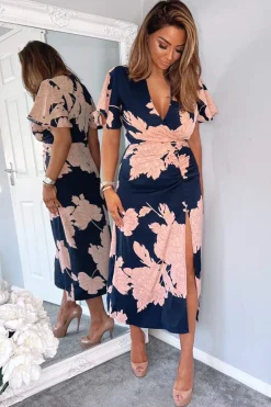 Navy And Blush Floral Print Bell Sleeve Midi Dress