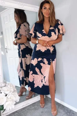 Navy And Blush Floral Print Bell Sleeve Midi Dress