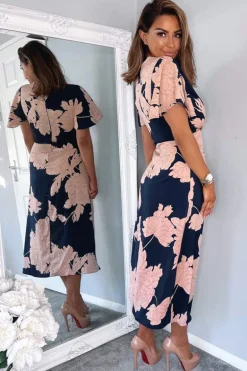 Navy And Blush Floral Print Bell Sleeve Midi Dress