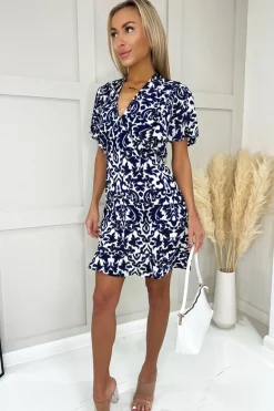 Navy and Cream Printed Skater Dress