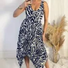 Navy And Cream Printed V Neck Zig Zag Hem Pleated Midi Dress