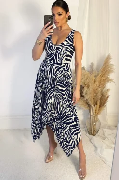 Navy And Cream Printed V Neck Zig Zag Hem Pleated Midi Dress