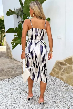 Navy and Cream Stripe Print Strappy Wrap Top Midi Dress