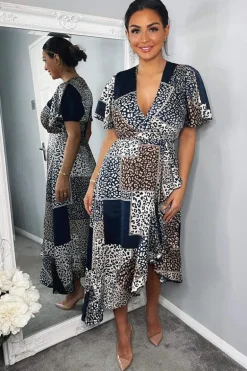 Navy Animal Print Patchwork Wrap Midi Dress