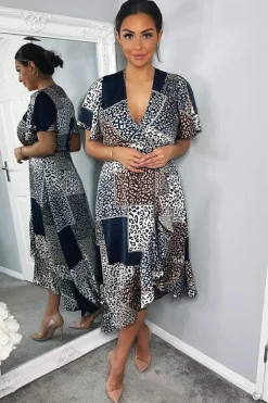 Navy Animal Print Patchwork Wrap Midi Dress