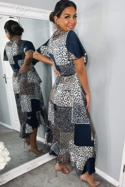 Navy Animal Print Patchwork Wrap Midi Dress