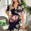 Navy Floral Print Wrap Front Smock Mini Dress