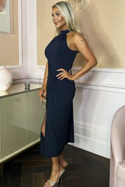 Navy Halter Neck Knot Skirt Midi Dress
