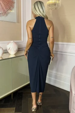 Navy Halter Neck Knot Skirt Midi Dress