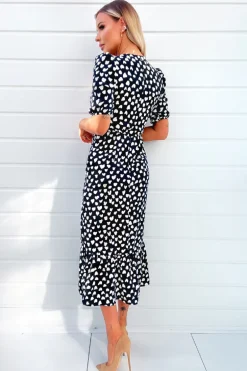 Navy Heart Printed Hoop Knot Short Sleeve Midi Dress