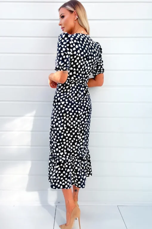 Navy Heart Printed Hoop Knot Short Sleeve Midi Dress