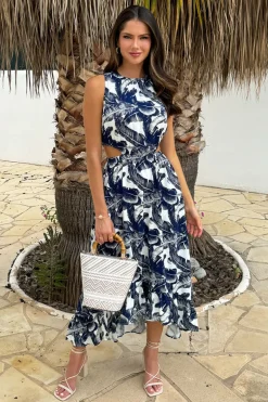 Navy Leaf Print Waist Cut Out Frill Hem Midi Dress