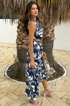 Navy Leaf Print Waist Cut Out Frill Hem Midi Dress