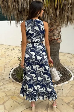 Navy Leaf Print Waist Cut Out Frill Hem Midi Dress