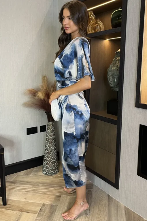 Navy Marble Print One Shoulder Wrap Skirt Midi Dress