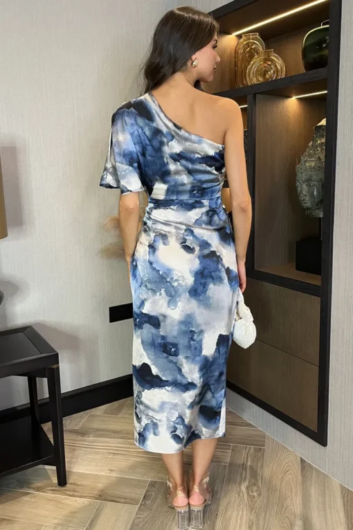 Navy Marble Print One Shoulder Wrap Skirt Midi Dress