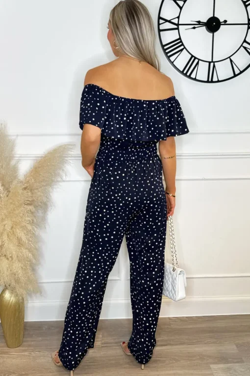 Navy Polka Dot Bardot Jumpsuit