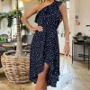 Navy Polka Dot One Shoulder Frill Detail Dipped Hem Dress