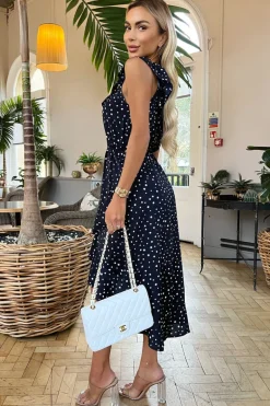 Navy Polka Dot One Shoulder Frill Detail Dipped Hem Dress