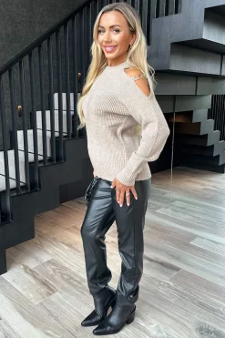 Oatmeal Cut Out Shoulder Chain Detail Knit Jumper