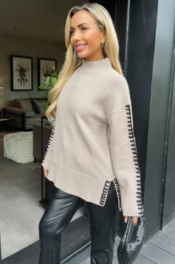 Oatmeal Mock Neck Blanket Stitch Detail Knit Jumper