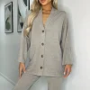 Oatmeal Ribbed Knit Button Front Lounge Cardigan