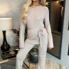 Oatmeal Ribbed Tie Waist Flared Leg Co-ord