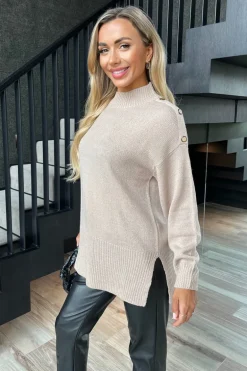 Oatmeal Shoulder Button Detail Knit Jumper
