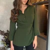 Olive 3/4 Sleeves Collared Gathered Waist Top