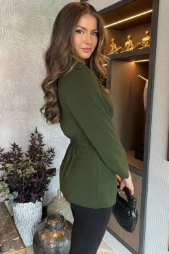 Olive 3/4 Sleeves Collared Gathered Waist Top