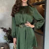 Olive Long Sleeve Belted Skater Mini Dress