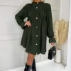 Olive Long Sleeve Gathered Detail Button Front Dress