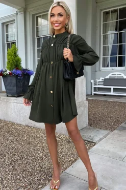 Olive Long Sleeve Gathered Detail Button Front Dress