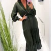 Olive Long Sleeve Wrap Top Smock Midi Dress