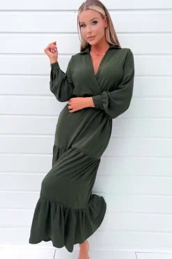 Olive Long Sleeve Wrap Top Smock Midi Dress